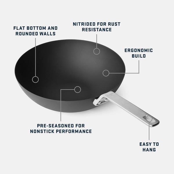 Carbon Steel Wok, Pre-Seasoned Nonstick, 21.5" Flat Bottom, Black | Pre-Seasoned Carbon Steel, Flat Bottom for Even Heat, Rust-Resistant, High-Rounded Walls, Stovetop and Open Flame3