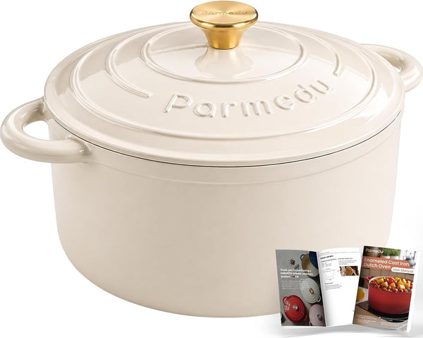 5.5QT Enameled Cast Iron Dutch Oven for Sourdough Bread, Slow Cooking & Home Meals, Beginner-Friendly Pot for Artisan Bread with Crispy Crust & Airy Interior, Easy to Clean, PFAS Free (White)1