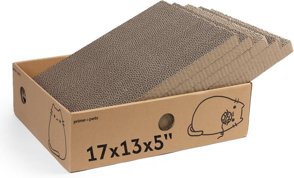 Primepets Cardboard Cat Scratcher Box XL, 5 Pack Pads, Indoor Cats Bed | 17X13X5 Size, Reversible Pads, Smart Hole Design, Catnip Included, Low Mess, Furniture Protection, Multi-Cat Friendly1