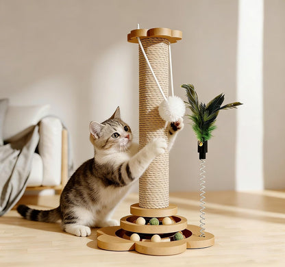 Cat Scratching Post, Cat Scratchers for Indoor Cats Natural Sisal Scratcher with 2-Level Trackball & 2 Hanging Balls, Sturdy Cat Scratching Post 4-In-1 Interactive Kitten Toy for Indoor Cats1