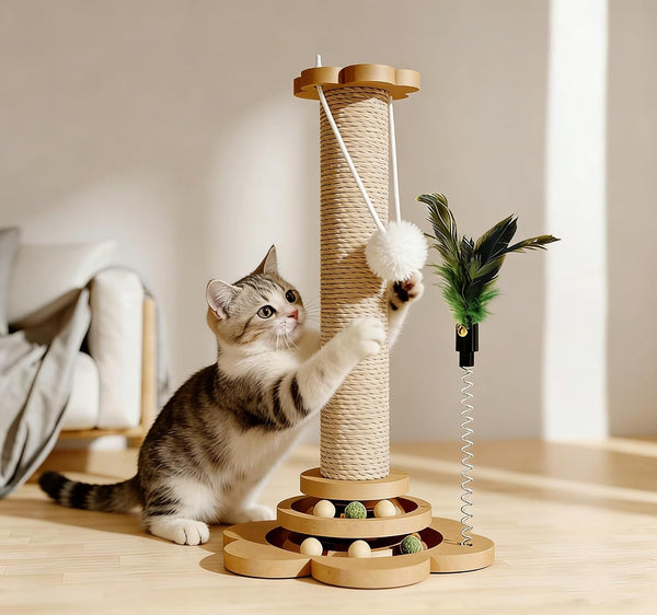 Cat Scratching Post, Cat Scratchers for Indoor Cats Natural Sisal Scratcher with 2-Level Trackball & 2 Hanging Balls, Sturdy Cat Scratching Post 4-In-1 Interactive Kitten Toy for Indoor Cats1