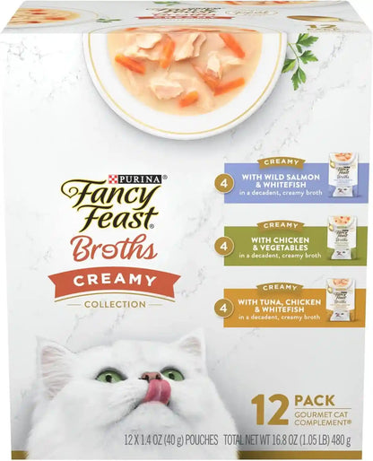 Fancy Feast Purina Grain Free Wet Cat Food Variety Pack, Broths Creamy Collection -12 1.4 Oz. Pouches1