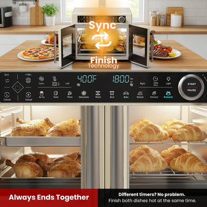 Ultra-Premium Dual-Zone Stainless Steel Air Fryer Toaster Oven Combo, Extra Large 32QT French Door Convection Oven with Next-Gen Patent Technology, 13 Accessories, Rotisserie, Sync Finish3
