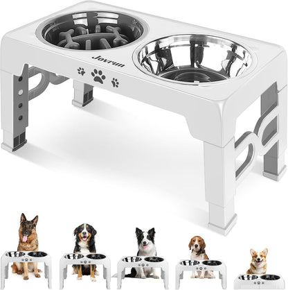 Jovrun Elevated Dog Bowls for Medium Large Size Dogs, Non-Slip Dog Feeder with 1*Stainless Steel Dishes & 1*Slow Feeder Bowl, 5 Heights Adjustable Raised Bowls to 3.15″-8.66″-9.84″-11.02″-12.2″8