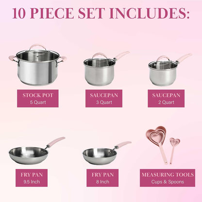 Stainless Steel Pots and Pans Set with Stay-Cool Pink Handles, Tempered Glass Lids, Bonus Heart Shaped Measuring Cups and Spoons, Dishwasher Safe Cookware, 10-Piece Set4
