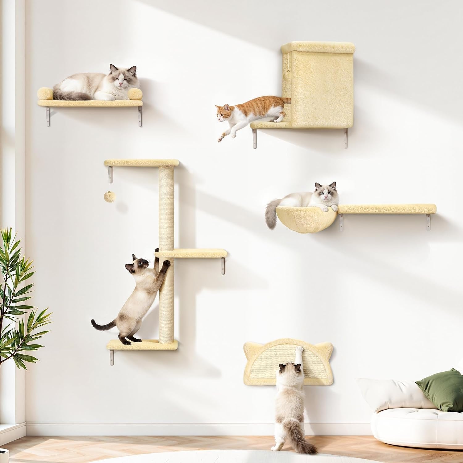 5-in-1-cat-wall-shelves-solid-wood-cat-wall-furniture-set-for-indoor-cats-44-lb-per-shelf-72-hour-load-tested-pre-drilled-fits-16-in-stud-drywall-solid-walls-for-small-to-medium-cats