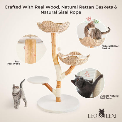 LEO & LEXI Aesthetic, Real Wood Modern Cat Tree. 46 Inches Tall, Sturdy, Solid Natural Wood Tower for Large Cats. Scratching Post with Wicker Basket Bed, Luxury, Boho Furniture for Indoor Cats3