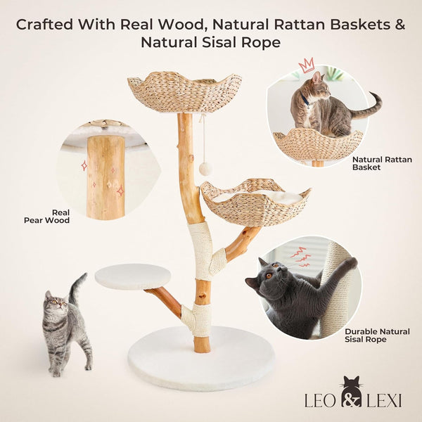 LEO & LEXI Aesthetic, Real Wood Modern Cat Tree. 46 Inches Tall, Sturdy, Solid Natural Wood Tower for Large Cats. Scratching Post with Wicker Basket Bed, Luxury, Boho Furniture for Indoor Cats3