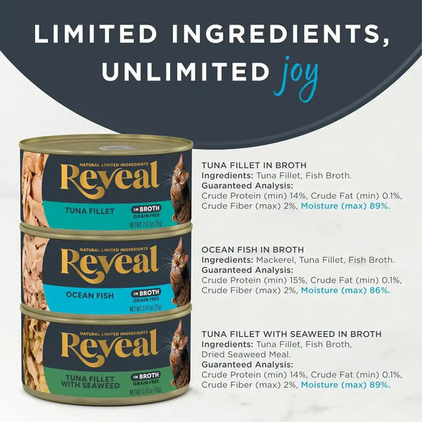 Reveal Fish Variety in Broth Wet Cat Food, 3-Flavor 12-Pack 2.47 Oz Cans3