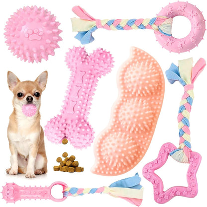 Petcare 6 Pack Puppy Chew Toys - Blue, Soft Rubber Rope & Bone Ball Teething Toys for Small Dogs & Puppies, Including Yorkie9