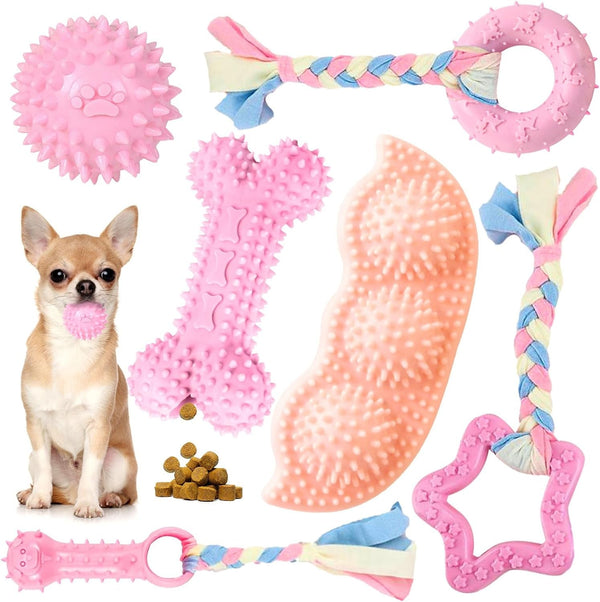 Petcare 6 Pack Puppy Chew Toys - Blue, Soft Rubber Rope & Bone Ball Teething Toys for Small Dogs & Puppies, Including Yorkie9