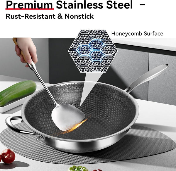 5-Piece Stainless Steel Flatware Set and Coating-Free Hybrid Stainless Steel Wok with Lid, 12.6" Flat-Bottom Stir-Fry Pan3