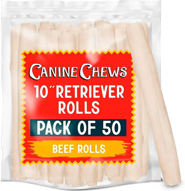 Canine Chews 10-11" Rawhide Bones for Large Dogs, Durable USA Beefhide Dog Rawhide Chews, Retriever Rolls 20 Pack (5 Lbs)12