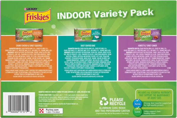 Purina Friskies Indoor Cat Food 24Ct VP - (Chicken and Turkey Casserole, Saucy Seafood Bake, Homestyle Turkey Dinner) - (Pack of 24) 5.5 Oz. Cans11