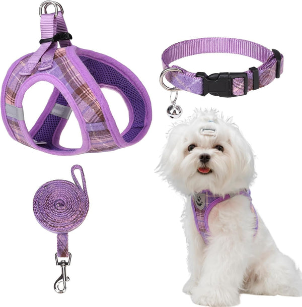 EXPAWLORER Plaid Small Dog Harness and Leash Set with Airtag Holder - No Pull Soft Padded Step in Dog Vest Harness Medium Sized Dog, Reflective Puppy Harness, Collar and Leash for Walking, Khaki S26