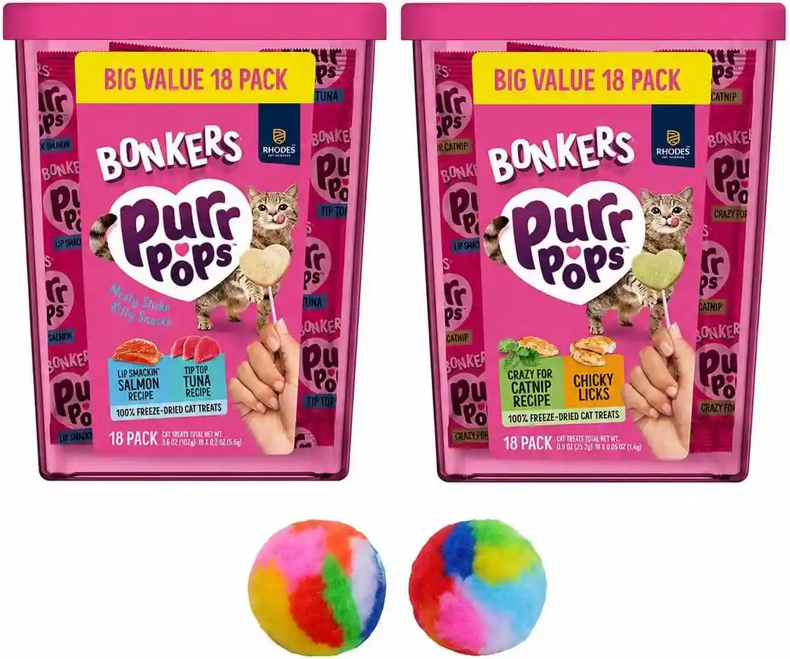 bonkers-purrpops-freeze-dried-cat-treats-2-18-pack-variety-bundle-with-salmon-tuna-catnip-chicken-flavors-plus-2-cat-pom-pom-balls-toy