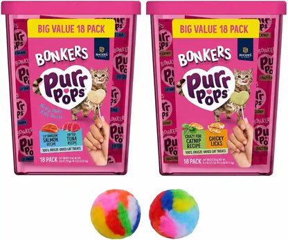 Bonkers Purrpops Freeze-Dried Cat Treats, 2-18 Pack Variety Bundle with Salmon & Tuna, Catnip & Chicken Flavors, plus 2 Cat Pom Pom Balls Toy1