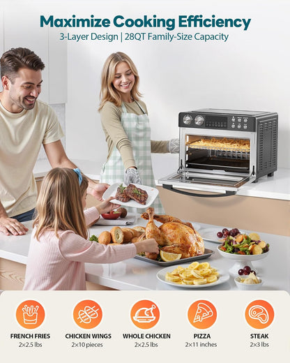 28QT Air Fryer Toaster Oven Combo, Large 12-In-1 Convection Countertop Oven with Next-Gen Heatwave Convection, 3-Layer Cooking, Rotisserie for Chicken, Fits 11" Pizza, Full Accessories, Purple Black4