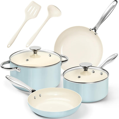 Pots and Pans Set Non Stick, 8-Piece Ti-Infused Ceramic Cookware Set with Silicone Utensils - Induction Compatible, Oven Safe, Pfoa-Free, Blue1
