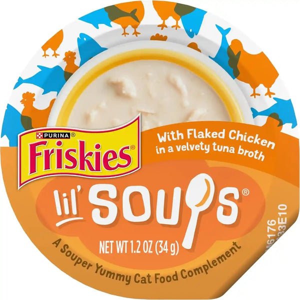 Purina Friskies Natural, Grain Free Wet Cat Food Lickable Cat Treats, Lil' Soups Flaked Chicken - (Pack of 8) 1.2 Oz. Tubs1