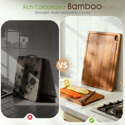 Deep-Carbonized Bamboo Cutting Boards for Kitchen with Wood Storage Stand, Reversible Charcuterie & Chopping Boards with Juice Grooves and Easy-Grip Handles, Fathers Day Gift for Men9