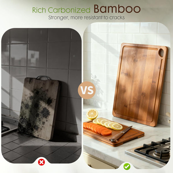 Deep-Carbonized Bamboo Cutting Boards for Kitchen with Wood Storage Stand, Reversible Charcuterie & Chopping Boards with Juice Grooves and Easy-Grip Handles, Fathers Day Gift for Men9