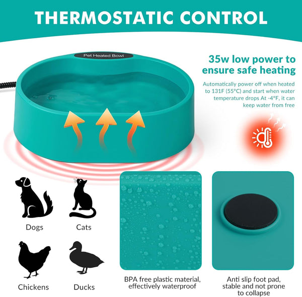 125 OZ/3.7L Heated Water Bowl, Large Heated Dog Bowls for Outside, Safety Listed Heated Pet Bowl with Anti-Chew Cord for Dog, Chicken,Duck,Cat Drinking Water in Winter, Anti-Slip Base4