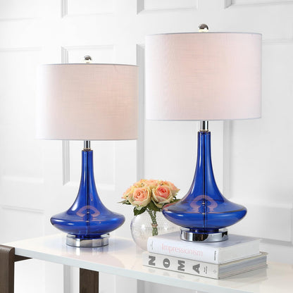 Cecile 25.5" Metal Glass Lamp, Cobalt Blue/Chrome, Set of 2 | White Linen Drum Shade, Teardrop Base, 60" Silk Wrapped Cord, LED Bulbs Included7