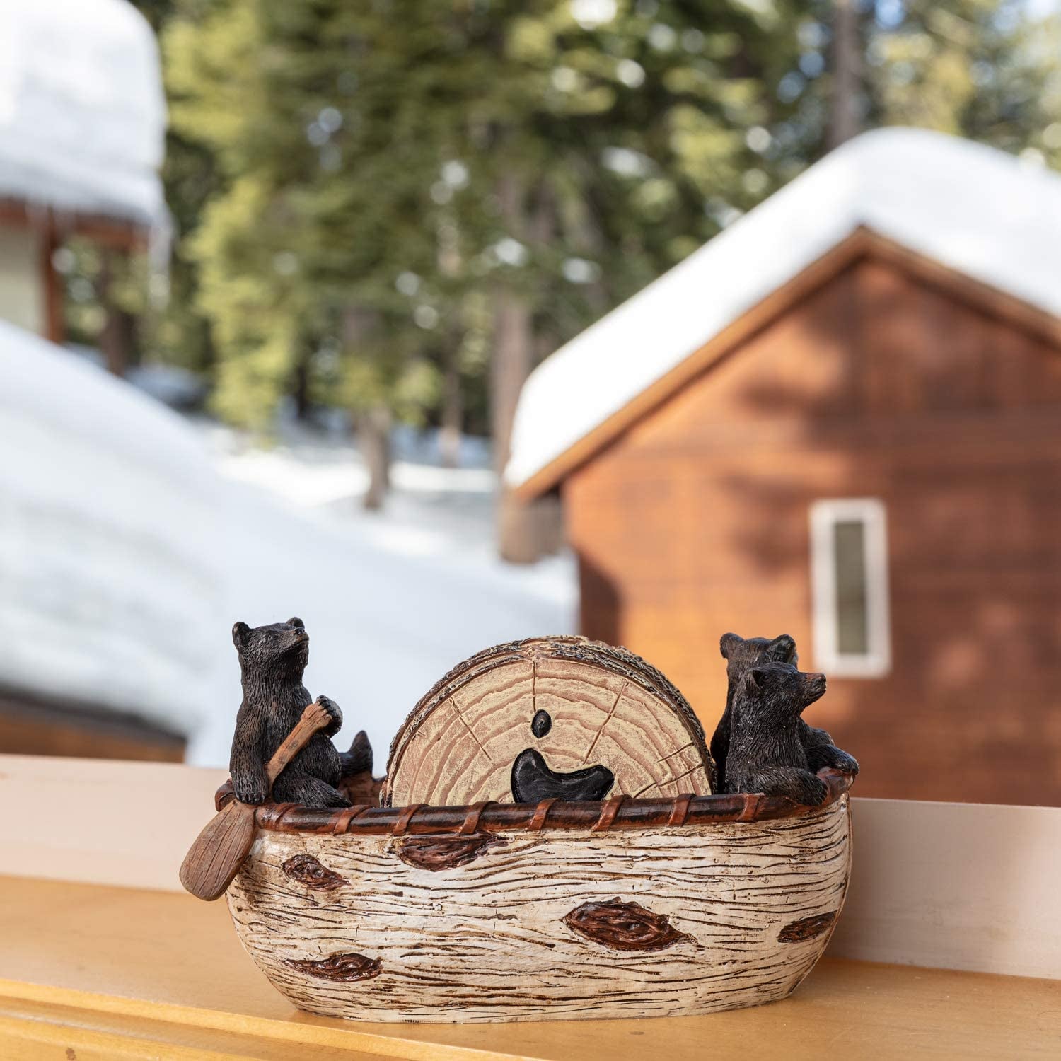 bear-coasters-set-of-6-full-size-rustic-coasters-in-handmade-canoe-with-adorable-black-bear-figurines-log-cabin-decorations-rustic-lodge-decor-for-the-home