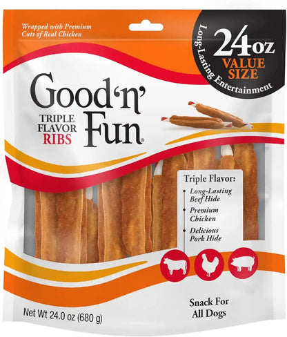 Good ‘N’ Fun Triple Flavor Ribs Chews for All Dogs, Treat Your Dog to Long-Lasting Chews Made with Beef Hide, Chicken and Pork Hide, 12 Oz13
