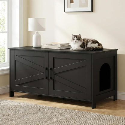Homhedy 39.4" L Cat Litter Box Enclosure with Barn Door, Black | Wooden Cat Washroom Furniture, Cat House, Pet Storage Cabinet, Dog-Proof, Fit Most of Litter Box, Farmhouse Style8