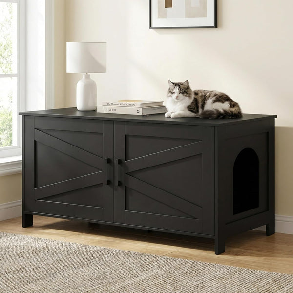 Homhedy 39.4" L Cat Litter Box Enclosure with Barn Door, Black | Wooden Cat Washroom Furniture, Cat House, Pet Storage Cabinet, Dog-Proof, Fit Most of Litter Box, Farmhouse Style8