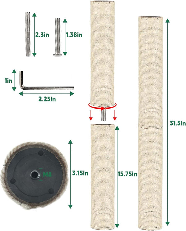 BNOSDM M8 15.75”X3.15” Replacement Scratching Post for Cat Tree Tower Rope Scratch Poles Refill 2 Pcs Natural Sisal Pole Part for Refurbishment Hemp White2