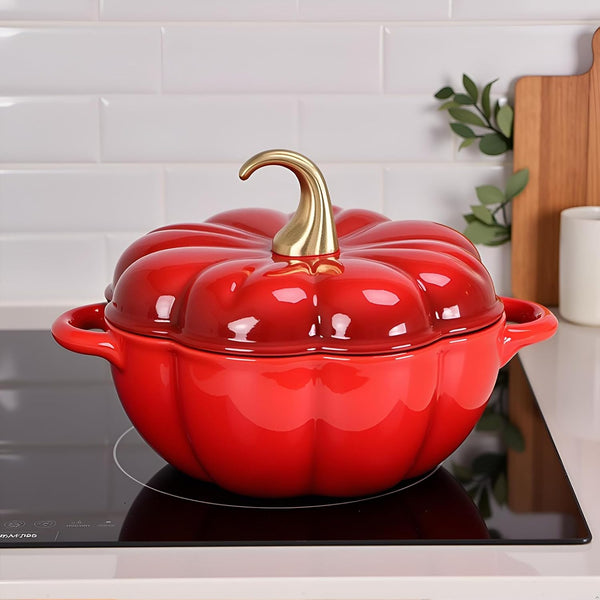 Pumpkin Cocotte with Lid & Handles,Pumpkin Dutch Oven Pot,Non Stick Pumpkin Pot,Serves 3-5,Enamel Cookware Crock for Porridge,Halloween Enamel Cast Iron Cooking Pot(Dark Red)6