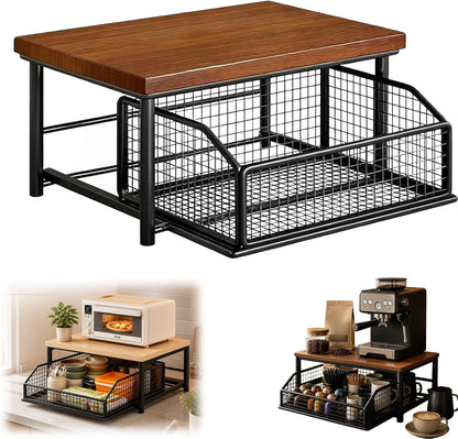Kitchen Countertop Organizer with Drawers,Microwave Oven Rack，Teak | Microwave Storage Rack with Pull-Out Drawer Basket,Space-Saving Counter Shelf Rack for Kitchen,No Installation Required1