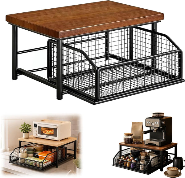 Kitchen Countertop Organizer with Drawers,Microwave Oven Rack，Teak | Microwave Storage Rack with Pull-Out Drawer Basket,Space-Saving Counter Shelf Rack for Kitchen,No Installation Required1