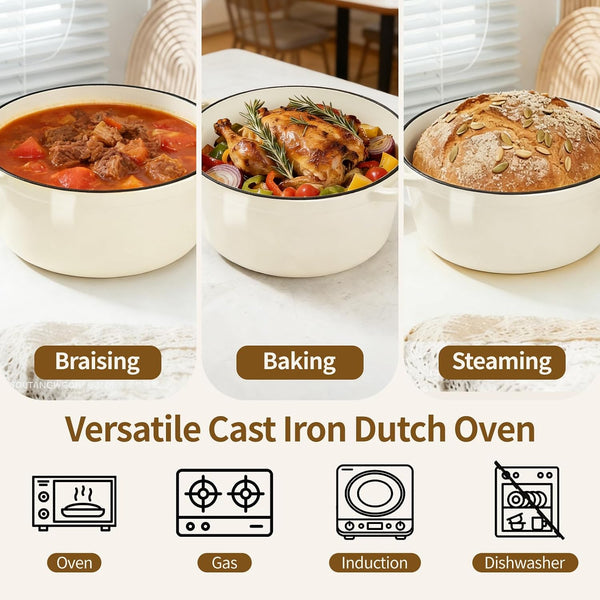 Enameled Cast Iron Dutch Oven Pot 6.5 QT with Lid for Bread Baking | Cookware Incl. Sourdough Bread-Baking Supplies like Banneton, Dough Whisk, Gloves, Oven Safe for Stews, Roasting, Cream White8