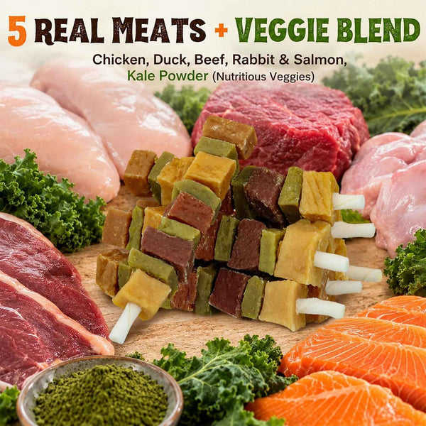 Dog Treats, Multi-Flavored Kabobs Dog Snacks, High Protein Dog Dental Chews | Made with Real Chicken, Duck, Beef, Rabbit, Salmon, Natural Dog Training Treats for Small Medium Large Dogs, 10.6Oz3