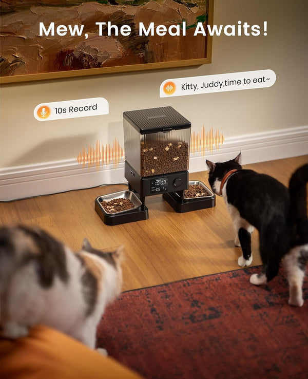 Oneisall Automatic Cat Feeder for 2 Cats Pets, Timed Cat Food Dispenser | 20 Cups/5L, Prevent Fighting, Precise Portion, Balanced Dispense, Non-Slip & Stable, Voice Recorder, Stainless Steel Bowls8