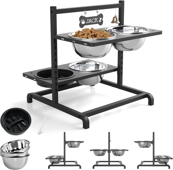 Elevated Dog Bowls with Slow Feeder for Large Dogs – Adjustable Raised Stand with 2 Stainless Steel Bowls & Spill-Proof Mat, Non-Slip Dog Feeder for Large & Medium Dogs (Black)10