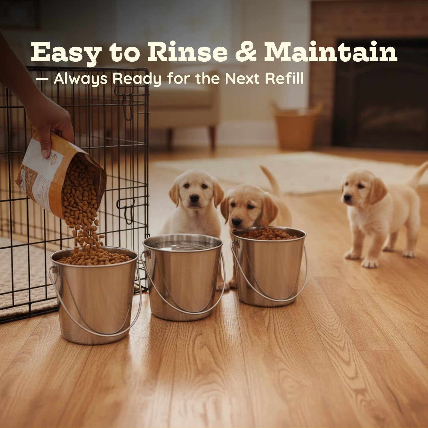 flat-side-stainless-steel-bucket-2-quart-hanging-feeding-utility-pail-for-small-dog-cat-birds-fits-kennel-cage-compatible-heavy-duty-food-water-feeder-0-5-gallon-silver-bucket-4-pack
