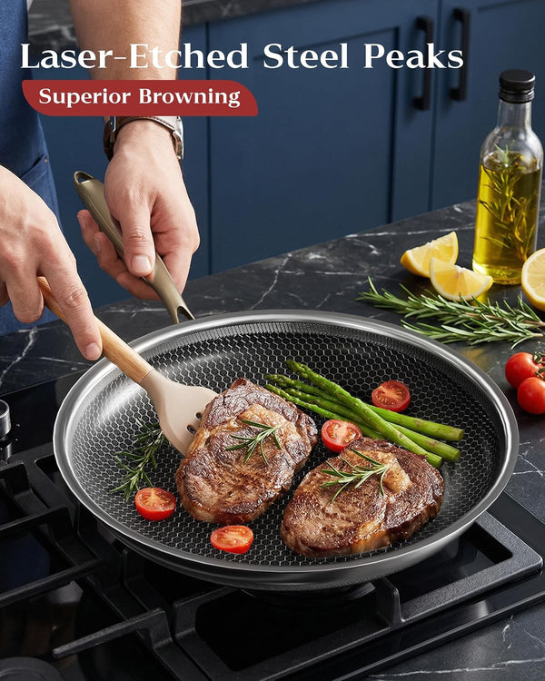 Nonstick Frying Pan with Lid 12-Inch, Durable Stainless Steel Skillet, Induction Cooktop Compatible, Pfoa-Free Scratch-Proof, Dishwasher & Oven Safe, Stay-Cool Handle, Silver Kitchen Cookware3