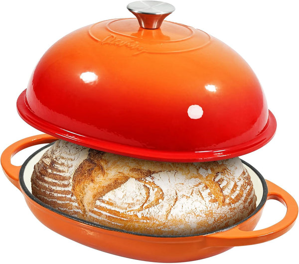 11" X 8.7" Oval Bread Oven with Domed Lid, Enameled Oval Dutch Oven Pot for Sourdough Bread Baking 6QT, Non-Stick Cast Iron Sourdough Pan Bread Cloche with Lid - Flame Orange1