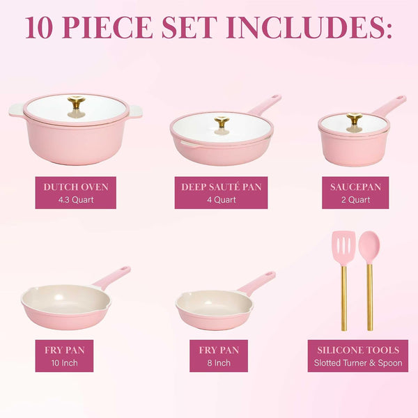 Ceramic Nonstick Pots and Pans, Cookware Set, Cast Aluminum with Dual Layer Non Stick Coating, Made without PFAS PFOA PFOS and PTFE, Dishwasher Safe, 10-Piece, Pink3