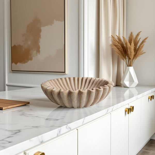 10" Large Decorative Bowl Decor, Scalloped Bowls for Modern Home Decor,Ruffle Decor,Stylish Key Bowl for Entry Table,Decorative Fruit Bowl for Kitchen Counter,Artificial Stone Beige7