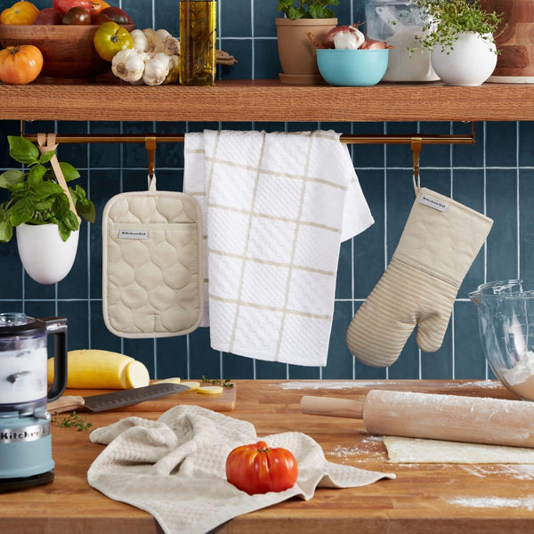 Quilted Cotton Terry Cloth Oven Mitt, Pot Holder, Kitchen Towel 4-Pack Set, Heat Resistant, Silicone Grip, 16"X26", 7"X13" & 7"X10", Milkshake Tan2