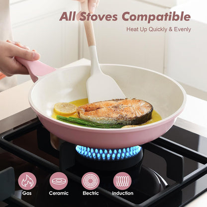 9.5In Nonstick Ceramic Frying Pan with Lid, PFAS/PTFE Free, Pink | Ceramic Omelette Pan Skillet, Healthy Non-Toxic Chef'S Pan, Induction Compatible Pan, Heat Resistant Handle5