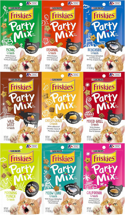 Friskies Party Mix Crunch Variety Pack (9 Flavors) - Wild West, Morning Munch, Mixed Grill, Picnic, Beachside, Cheezy Craze, Original, California Dreamin', and Meow Luau1