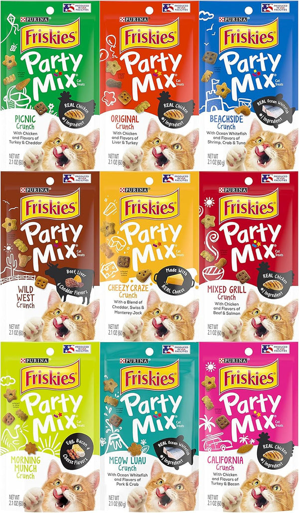 Friskies Party Mix Crunch Variety Pack (9 Flavors) - Wild West, Morning Munch, Mixed Grill, Picnic, Beachside, Cheezy Craze, Original, California Dreamin', and Meow Luau1