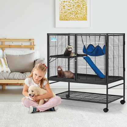 HABUTWAY 40''H Large Metal Rolling Ferrets Cage, 2-Tiers Small Animal Cages, Cage for Rats/Chinchillas, 0.5'' Bar Spacing for Ferret,Small Animal Cage W/Removable Ramp & Platform2